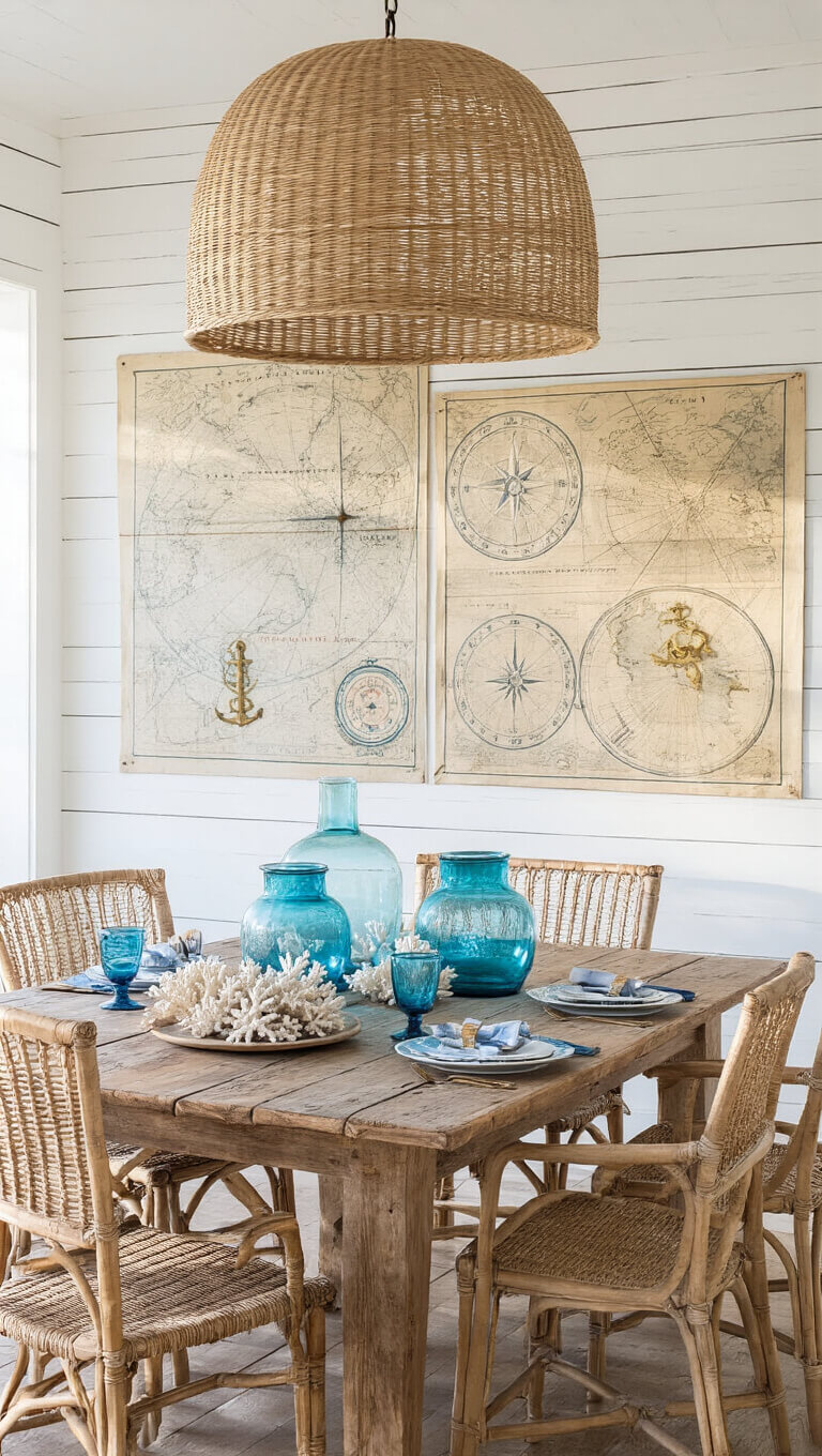 Golden hour view of a 15x18ft dining room with whitewashed shiplap walls decorated with vintage nautical maps and brass instruments, centered around a reclaimed wood table adorned with blue glass and coral, lit by a large rattan pendant casting dramatic shadows.