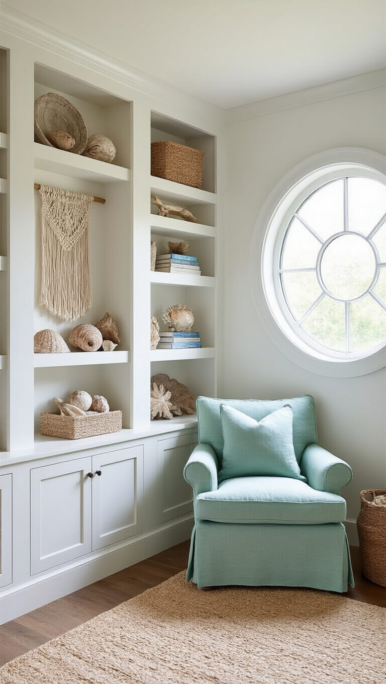 Cozy 10x12ft reading nook with coastal white built-in shelves, seafoam green chair, porthole window, and macramé wall hanging.