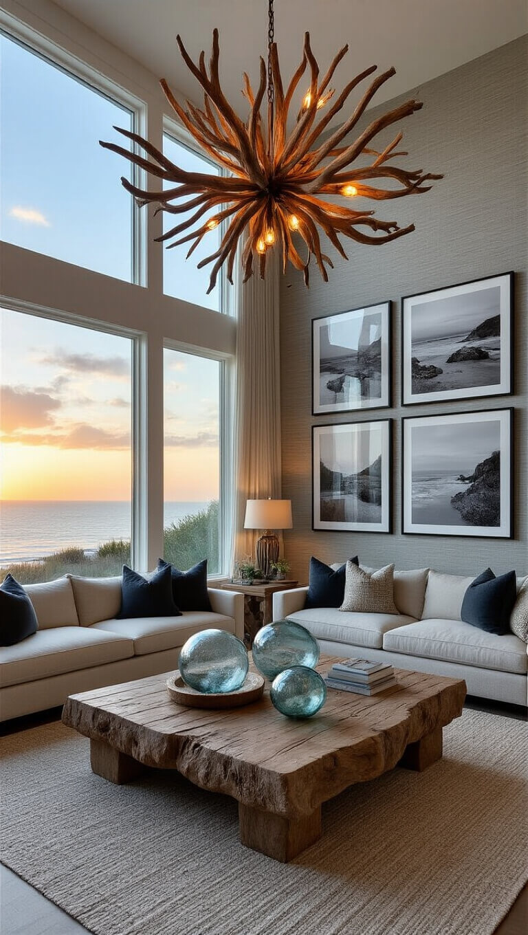 Sunlit great room with ocean view, driftwood chandelier, black-and-white coastal photo gallery, and carved wood coffee table with glass floats.