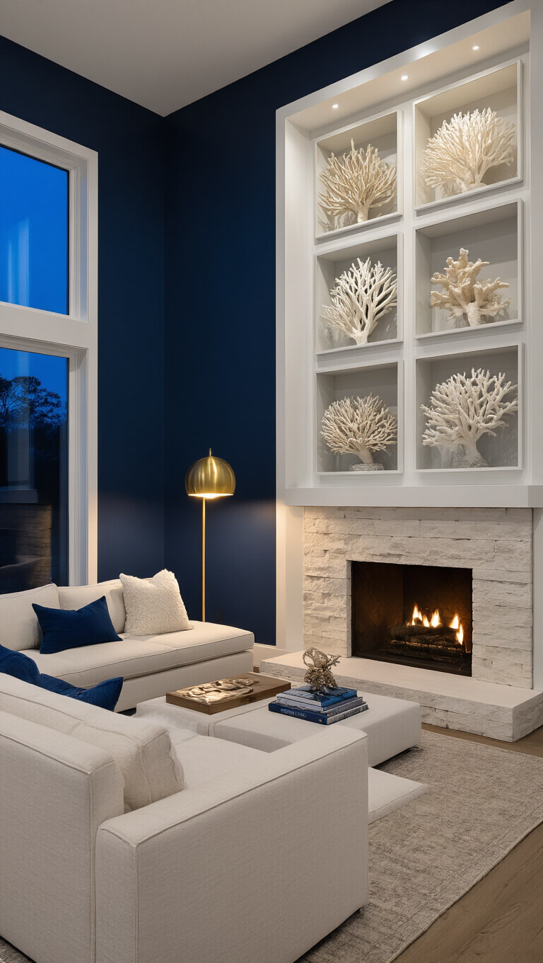 Moody 16x18ft living room at dusk with navy accent wall displaying white coral in lucite boxes, cream sectional, and whitewashed stone fireplace.