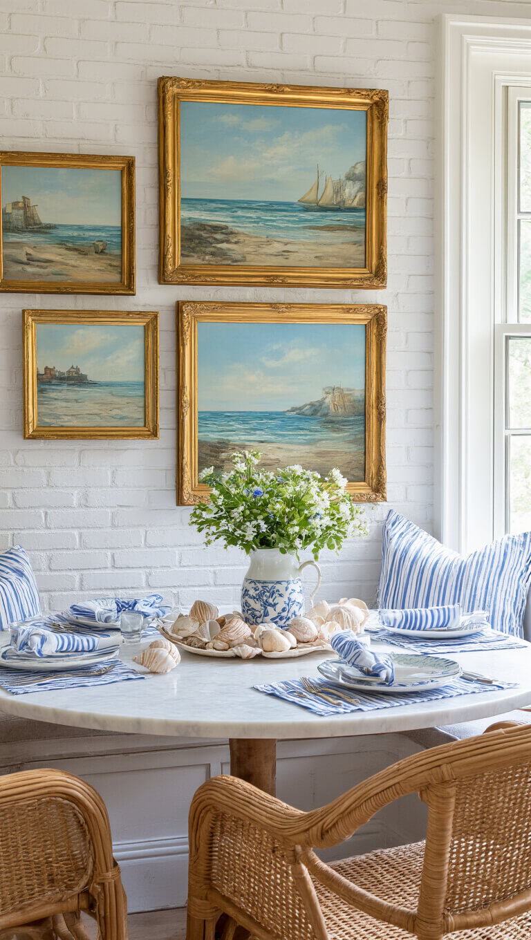 Breakfast nook with marble table, striped linens, shell centerpiece, rattan chairs, and vintage seaside paintings on white brick walls in soft morning light.