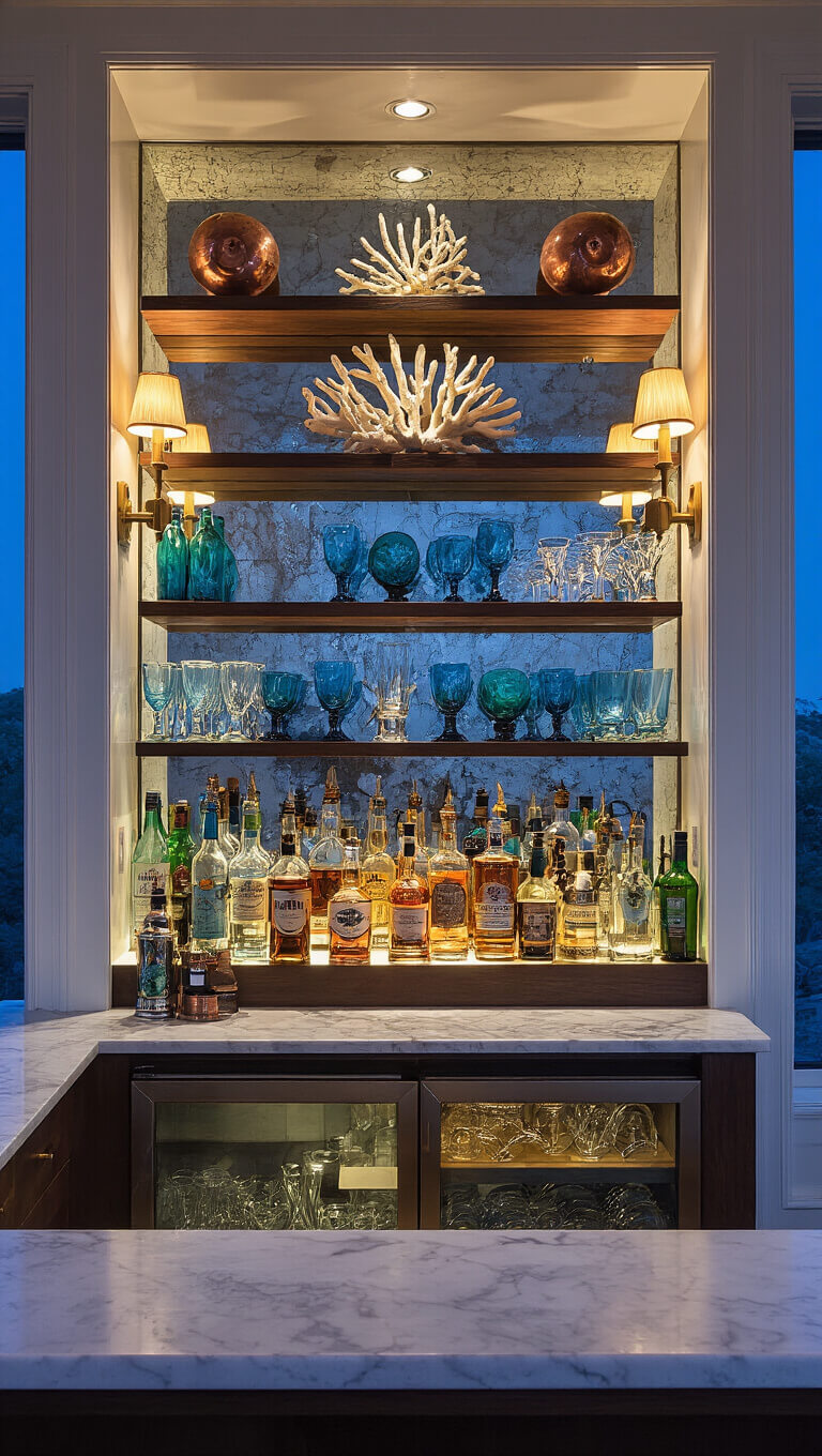 Elegant 14x16ft home bar at twilight with mirrored backsplash, vintage glassware, coral decor, and brass sconces in moody ambient lighting.