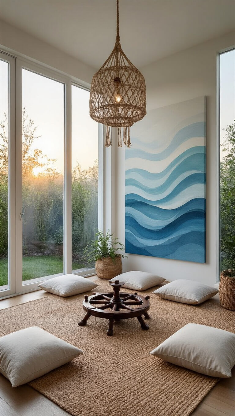 Meditation room at dawn with floor cushions around a vintage ship's wheel table, abstract ocean art, garden views through tall windows, and soft morning light.