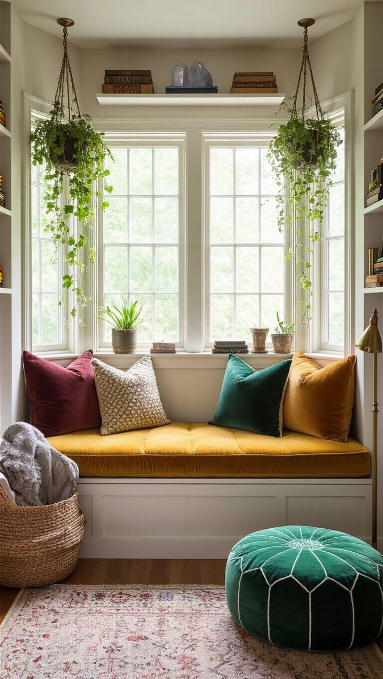 Cozy teen bedroom reading nook with mustard velvet bay window bench, jewel-toned pillows, hanging plants, vintage books and crystals on floating shelves, emerald green Moroccan pouf, and brass floor lamp in soft mid-morning light.