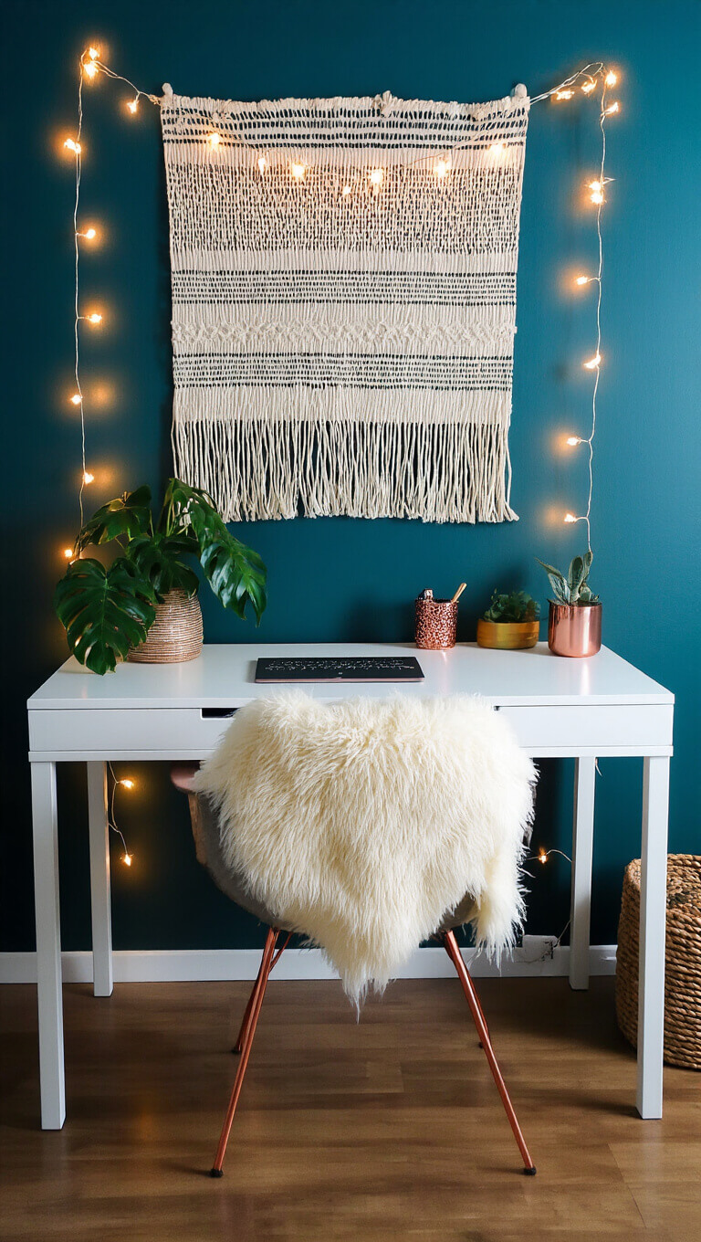Teen desk vignette at blue hour with modern white desk, dark teal wall, woven tapestry, string lights, peacock chair, faux sheepskin, copper and gold accents, and potted monstera, viewed from above with soft bokeh effect.