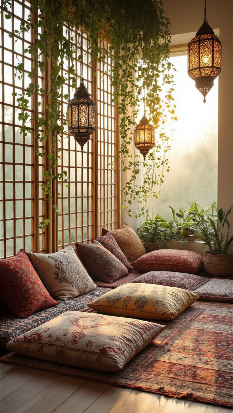 Cozy corner meditation space at sunrise with layered floor cushions, kilim pillows, vine-draped bamboo divider, Turkish lanterns, and incense smoke in warm light.