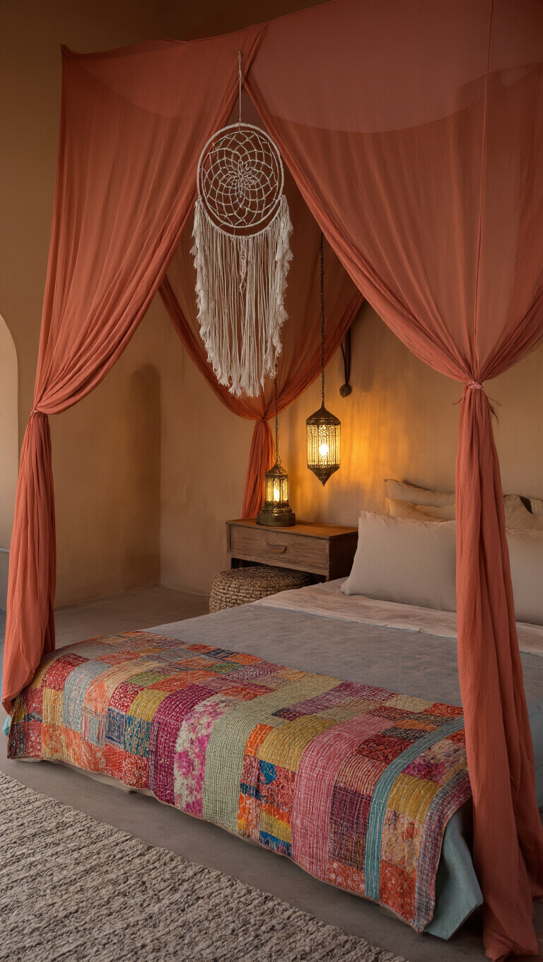 Canopy bed with terra cotta gossamer drapes, layered muted rainbow bedding, vintage kantha quilt, dream catcher above headboard, and ambient Moroccan lanterns at dusk.