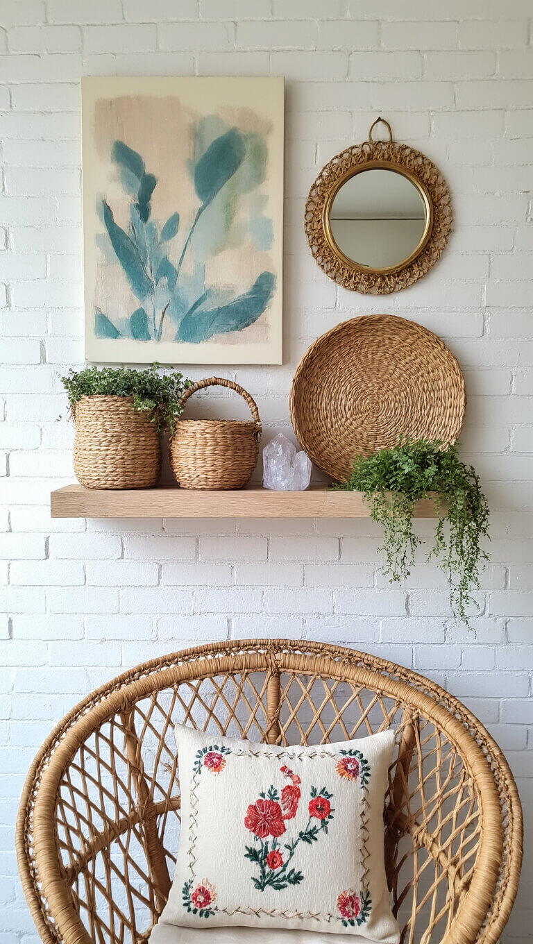 Gallery wall with mixed media art, baskets, and vintage mirrors on white brick; floating shelf with crystals and air plants; rattan peacock chair with embroidered cushion.
