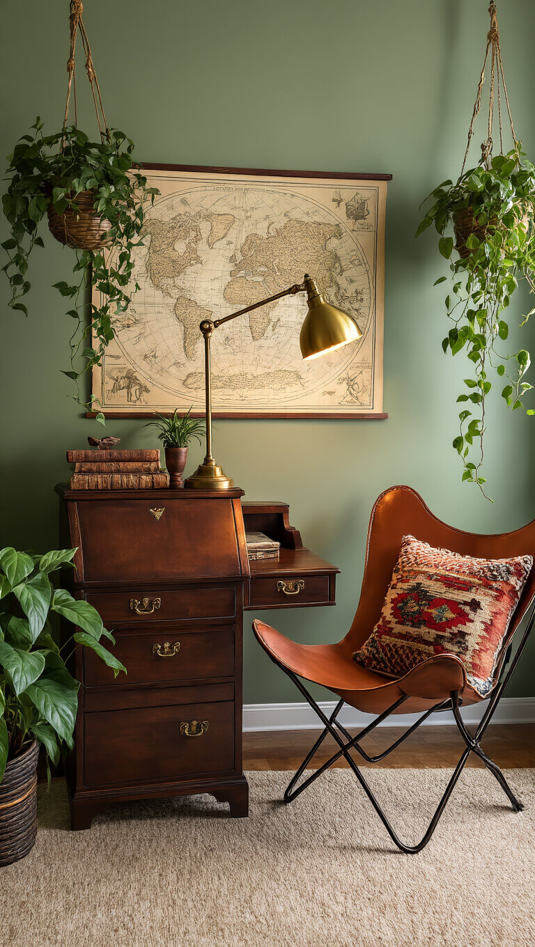 Bohemian study corner with vintage dark wood desk, leather butterfly chair, hanging plants, antique maps, and warm brass lamp lighting against a sage green wall.
