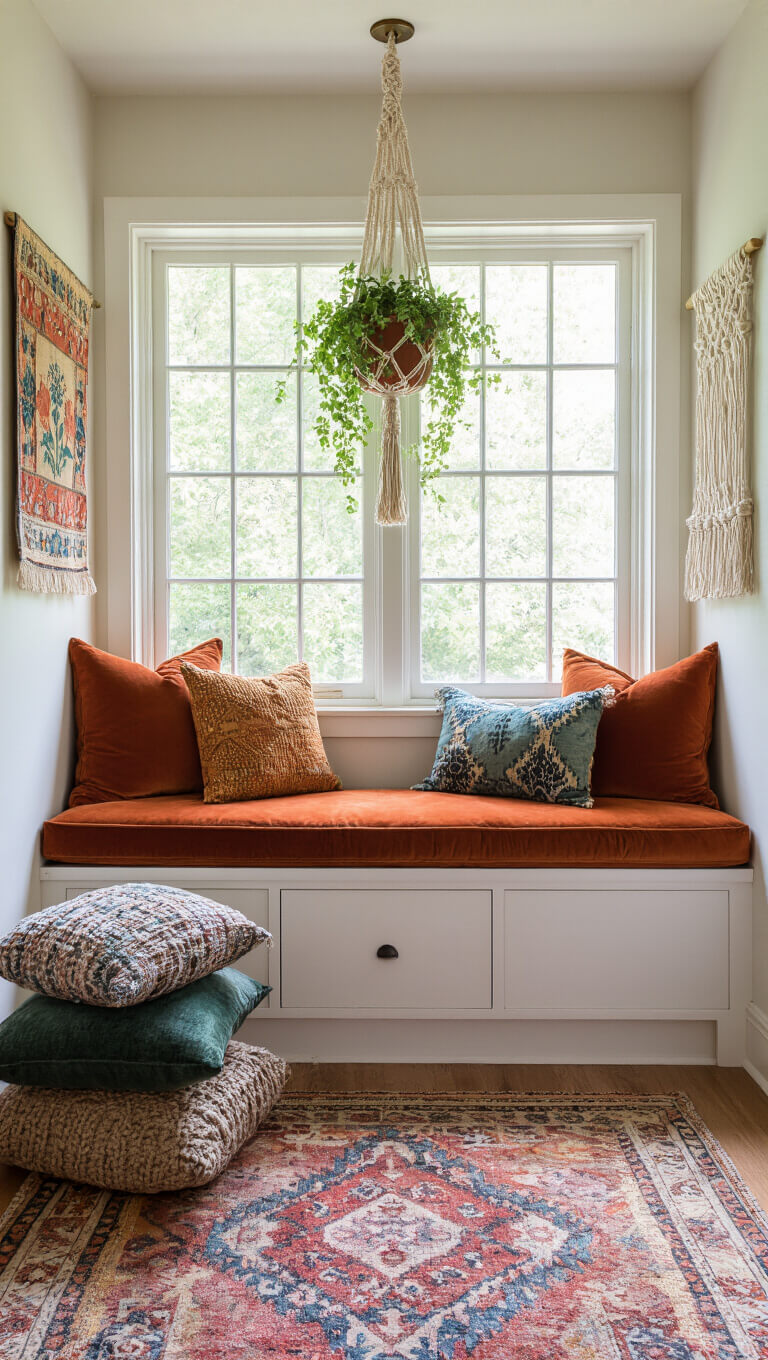 Cozy window seat with rust velvet cushioned bench, jewel-toned floor pillows, macramé plant hangers, and vintage textile art, bathed in natural noon light.