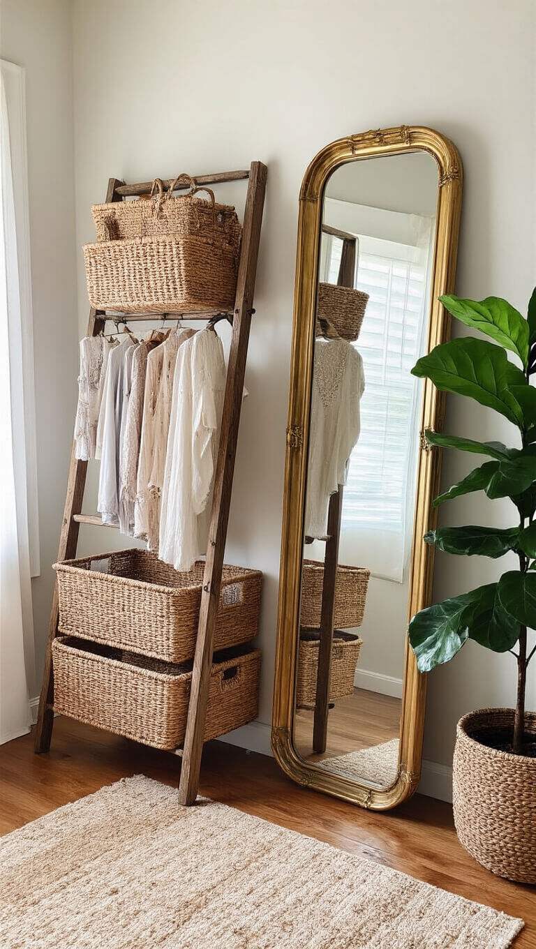 Boho clothing display with vintage ladder rack, woven hanging baskets, floor mirror with brass accents, and potted fiddle leaf fig in morning light.