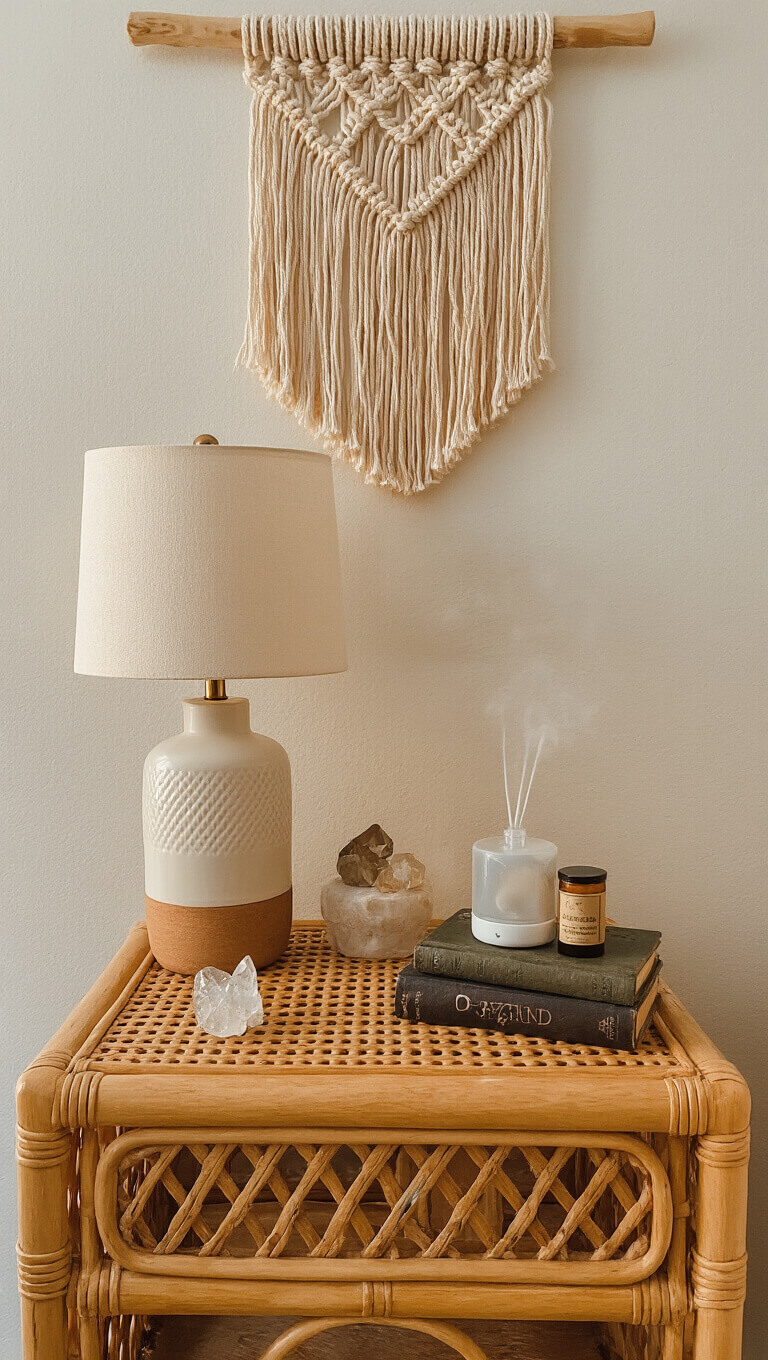 Nightstand with ceramic lamp, crystals, vintage books, and diffuser on rattan table at sunset, macramé wall hanging above.