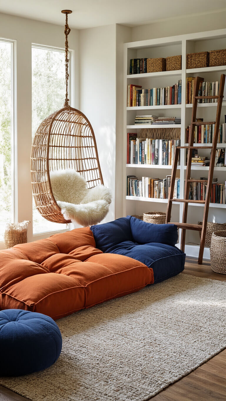 Cozy reading corner at sunrise with burnt orange and indigo floor cushions, floor-to-ceiling bookshelf with ladder, hanging rattan chair, and Moroccan lamp casting shadows.