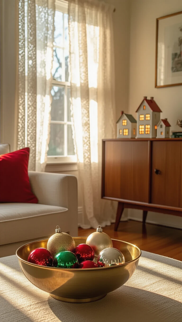 Vintage 1950s ornaments in brass bowl bathed in golden hour light, with lace curtains, ceramic light-up houses on mid-century sideboard, and warm retro holiday decor.