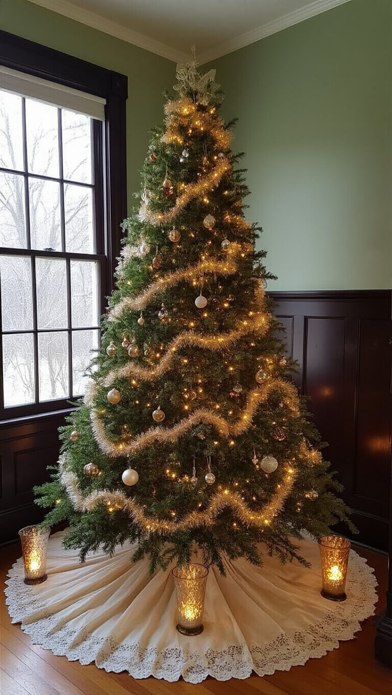 Victorian-style parlor corner at dusk with a 7-foot flocked Christmas tree decorated with vintage ornaments and tinsel, lace tree skirt, lit mercury glass hurricanes, dark wood wainscoting, and sage green walls.