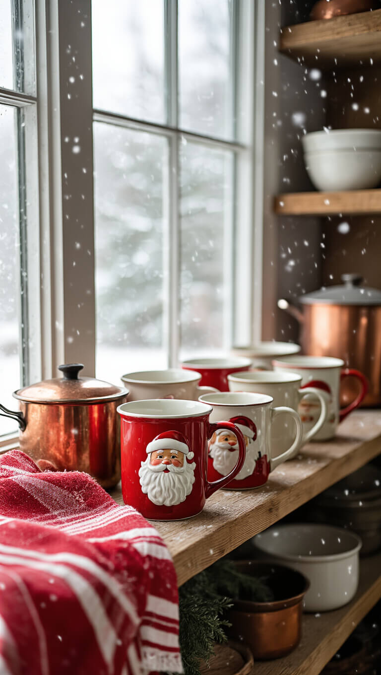 Vintage Santa mugs on pine shelves in rustic kitchen with copper pots, striped textiles, and snow falling outside window.