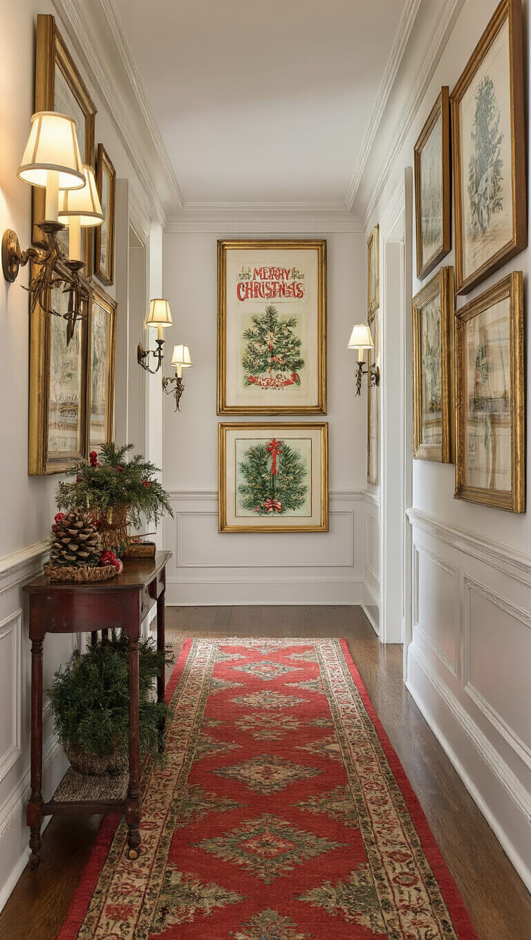 Victorian hallway with vintage Christmas card gallery wall in gold and white frames, antique red and green runner, warm wall sconces, and mixed metal finishes, viewed from low angle.