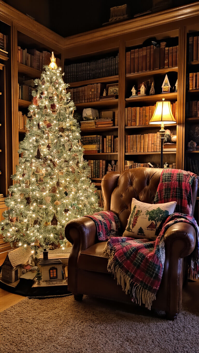 Cozy reading corner at night with vintage ceramic Christmas tree lighting an oversized leather armchair, handmade quilt, plaid pillows, and built-in bookcases filled with books and miniature putz houses.