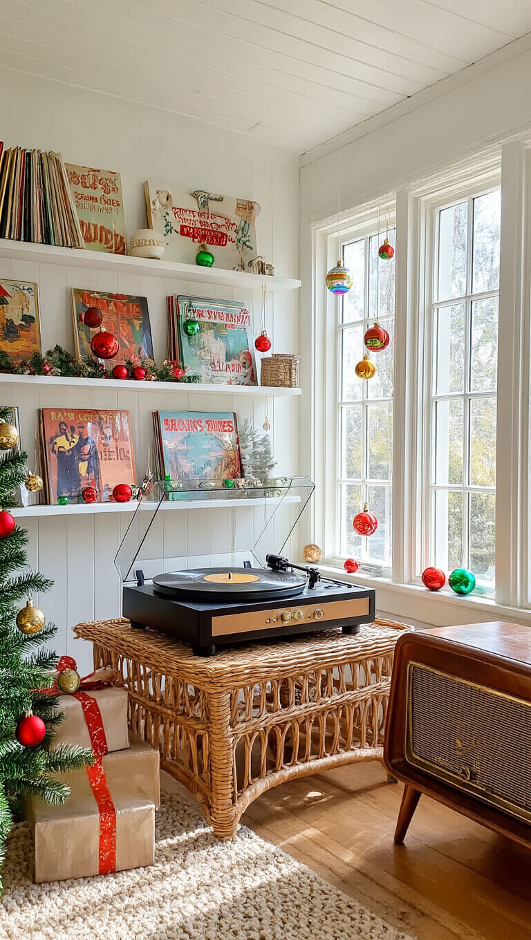 Holiday music room in sun porch with vintage Christmas albums on floating shelves, record player on rattan table, and repurposed vintage radio side table, bathed in natural light with glass ornaments casting rainbows.