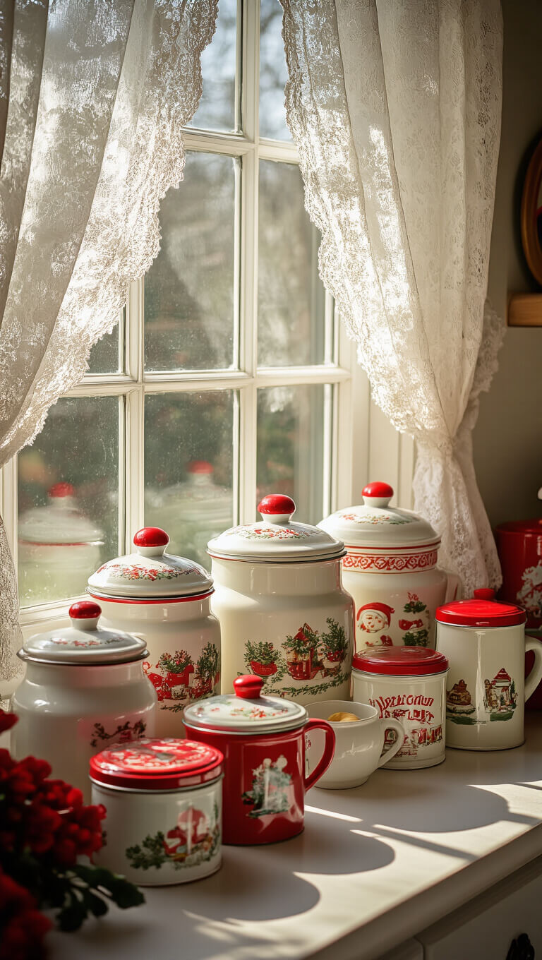 Vintage Christmas cookie jars and candy tins on a kitchen windowsill with lace curtains and red and white enamelware in soft afternoon light.