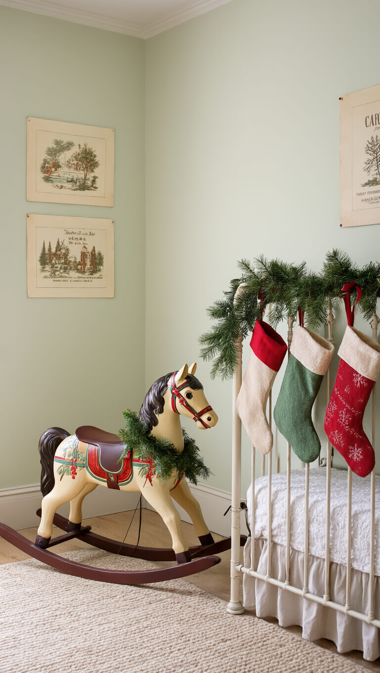 Child's bedroom corner with vintage rocking horse decorated for Christmas, stockings on iron bed, pastel walls, and soft morning light.