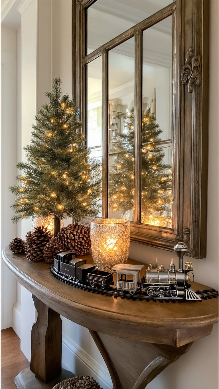 Vintage holiday entryway with console table, tabletop tree encircled by toy train, mercury glass votives, pinecones, antique mirror, and Victorian architectural details.