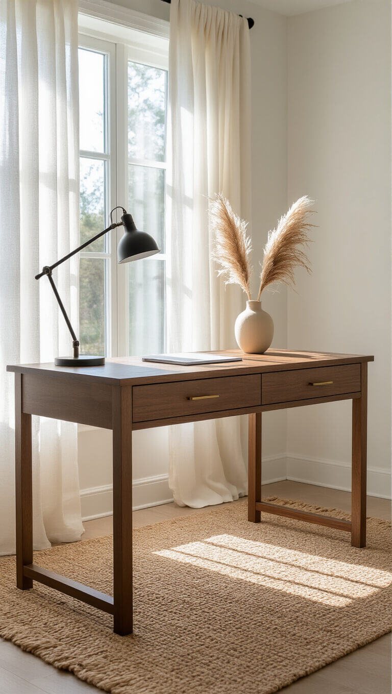 Serene home office with walnut desk, sheer curtains, jute rug, and morning light reflecting on polished surface.