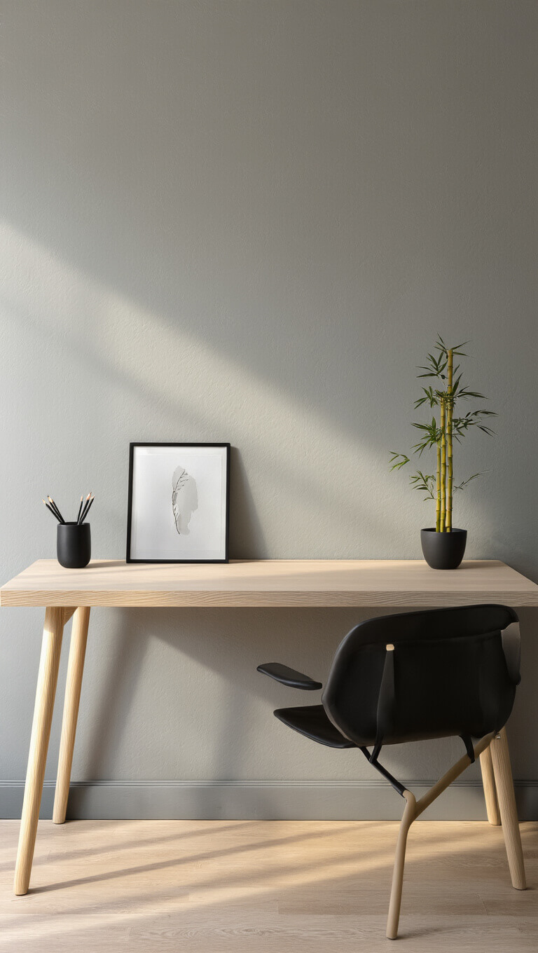 Minimal Scandinavian workspace with floating ash desk, black leather chair, and bamboo plant, lit by golden hour sunlight.