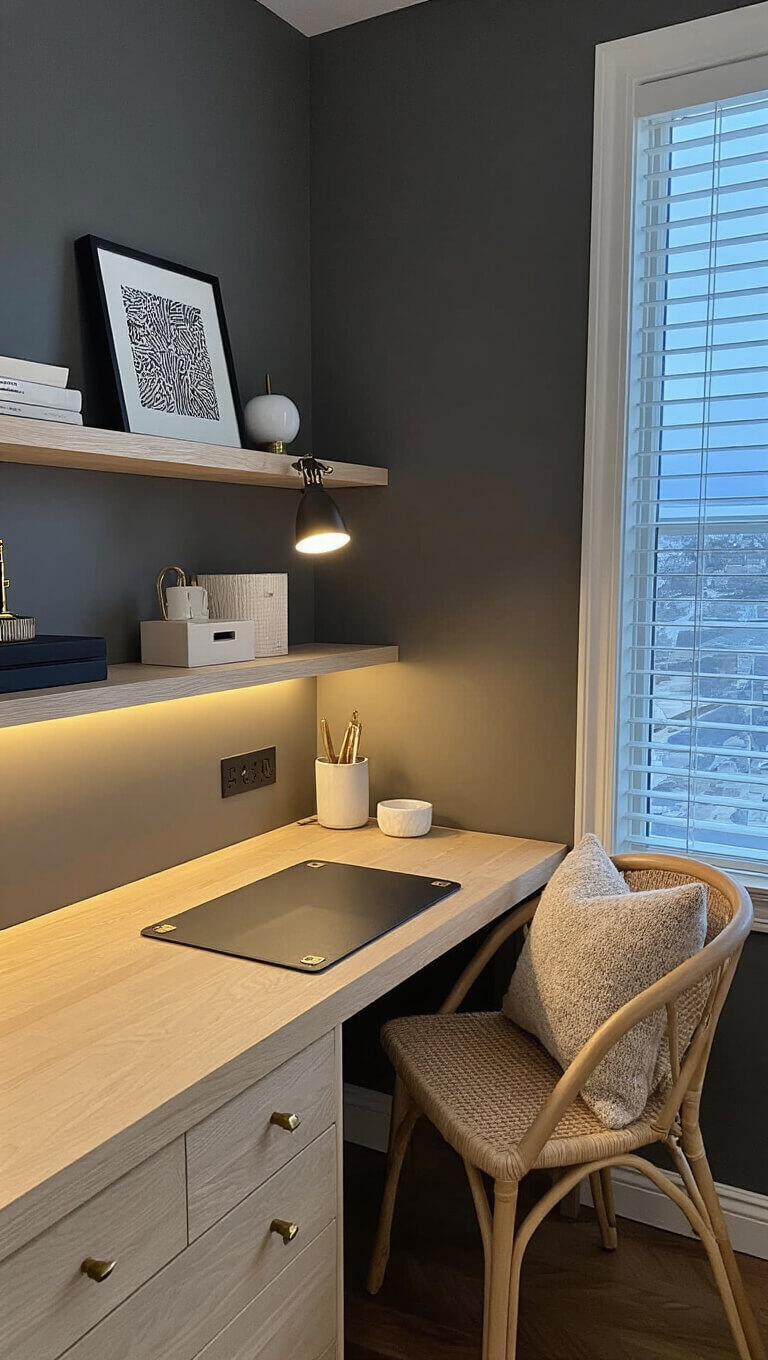 High-angle view of an 8x10ft workspace nook at dusk with a wall-to-wall bleached oak desk, LED strip lighting, charcoal walls, and neatly arranged desk accessories including a black leather pad, brass letter opener, and white ceramic catch-all.