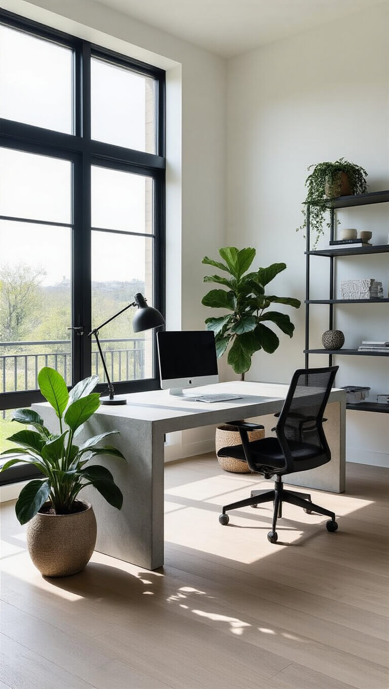 Minimalist 15x18ft home office with floating concrete desk, floor-to-ceiling windows, black mesh chair, oversized philodendron, and black metal shelving against white walls.
