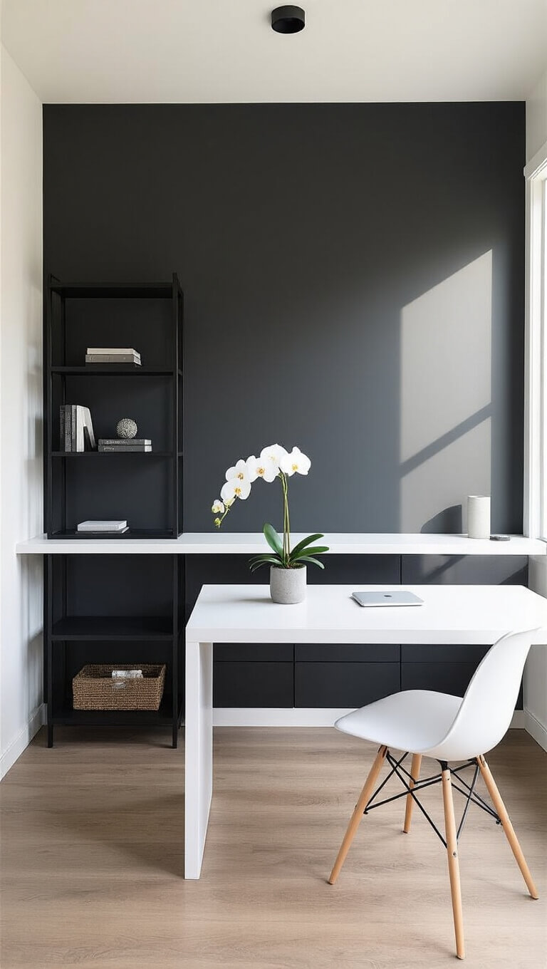 Modern 12x14ft workspace at dawn with minimalist white waterfall desk, dark charcoal accent wall, black metal shelving, and soft natural lighting.
