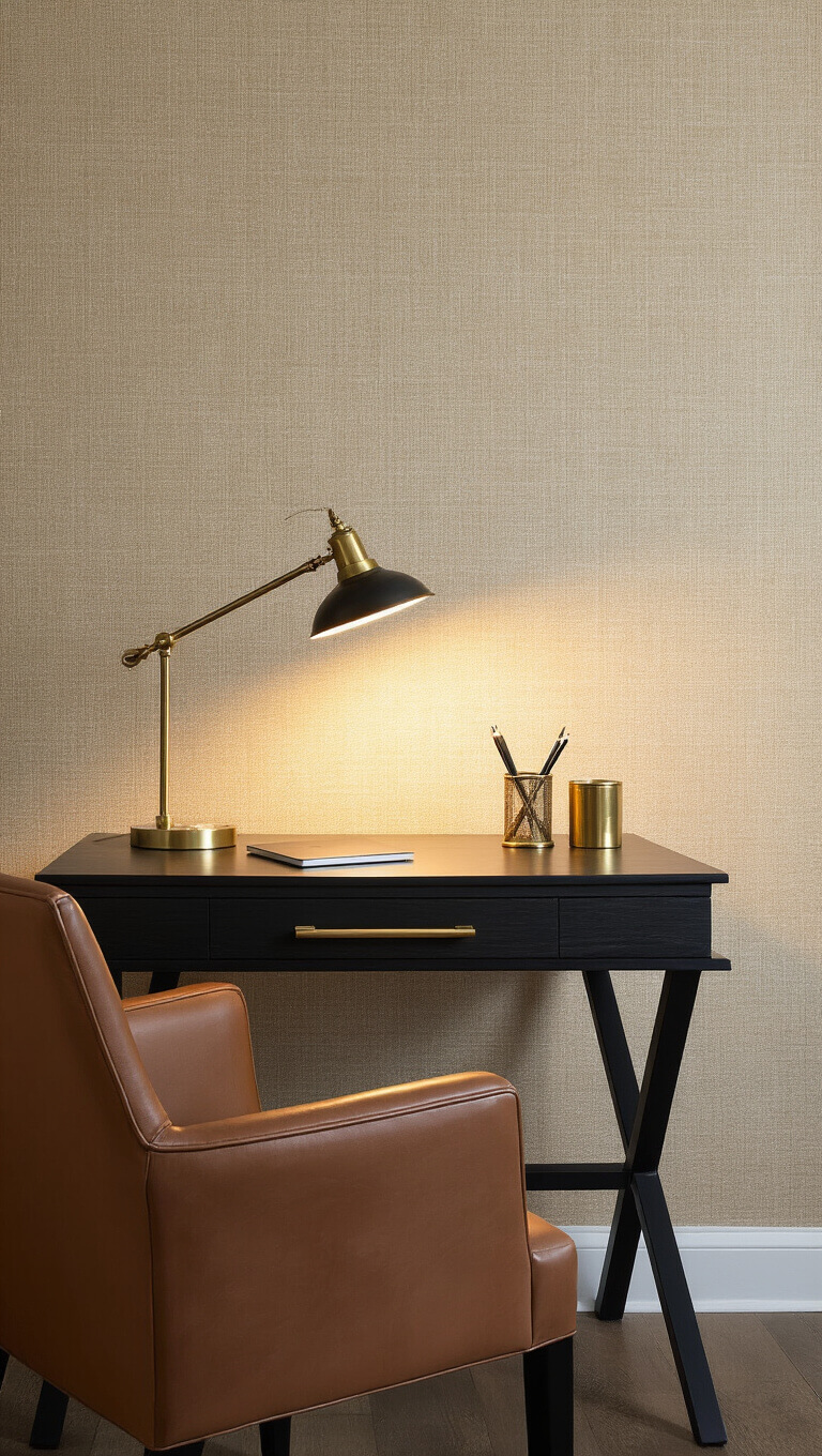 Sophisticated 11x13ft workspace at blue hour with black oak desk, brass accents, beige grasscloth wallpaper, modernist lamp, vintage brass pencil cup, minimal tech, and cognac leather architectural chair in dramatic lighting.