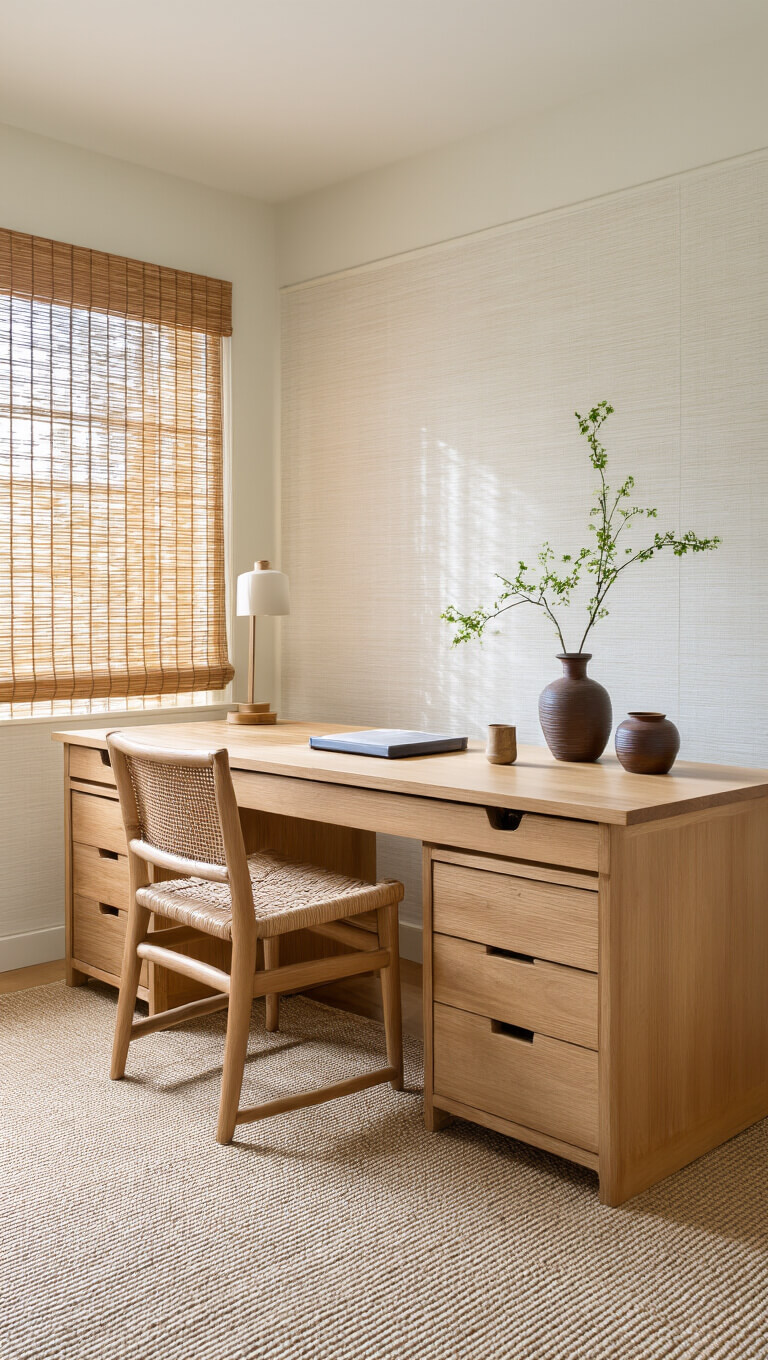Zen-style 10x12ft office with teak desk, sisal walls, bamboo blinds, and ikebana arrangement bathed in filtered morning light.