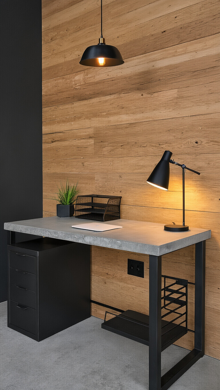 High-angle view of a contemporary 12x15ft workspace at sunset with a concrete and steel desk, warm wooden wall paneling, minimal black accessories, modernist lamp, greenery, pendant light, and black metal shelving.