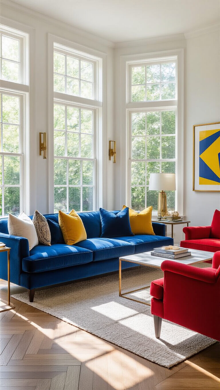 Modern sunlit 14x16ft living room with royal blue velvet sofa, red accent chairs, yellow geometric art, oak herringbone flooring, and brass accessories.