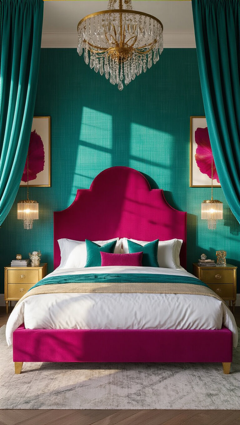 Luxurious master bedroom with teal, magenta, and gold decor, magenta velvet headboard, gold nightstands, crystal chandelier, and golden hour lighting through silk curtains.
