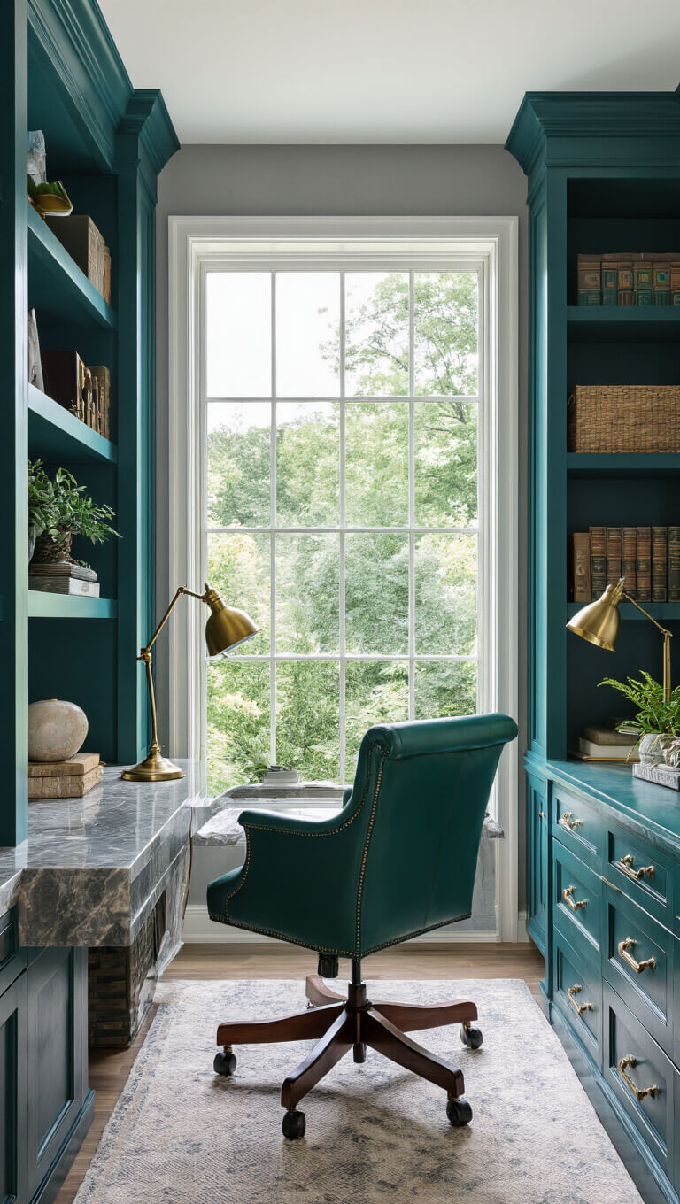 Stylish 10x12ft home office with graystone walls, teal built-ins, emerald desk chair, brass lamp, vintage art, and marble decor under soft natural light.