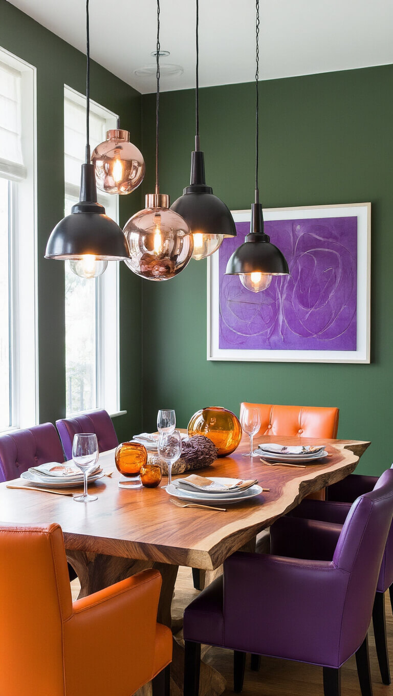 Contemporary dining room with green accent wall, orange leather chairs, purple art, live-edge table, and pendant lighting over copper and glass centerpiece.
