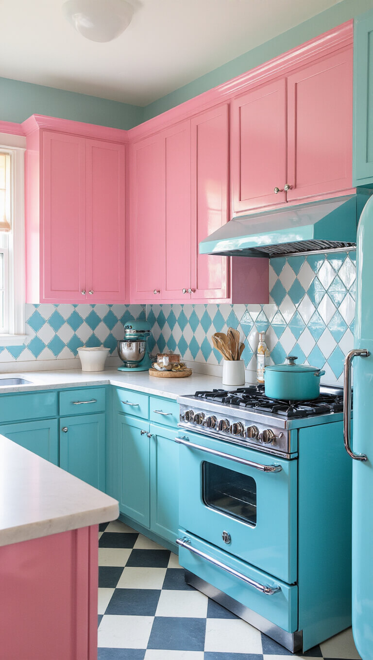 Retro 16x14ft kitchen with high-gloss azure cabinets, electric pink geometric backsplash, powder blue vintage appliances, and chrome-lucite accents in bright morning light.