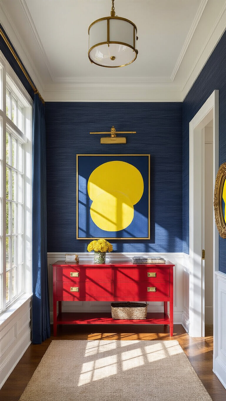 Low-angle view of bold 13x15ft entryway with navy grasscloth walls, scarlet console table, yellow abstract art, and brass accents under natural afternoon light.
