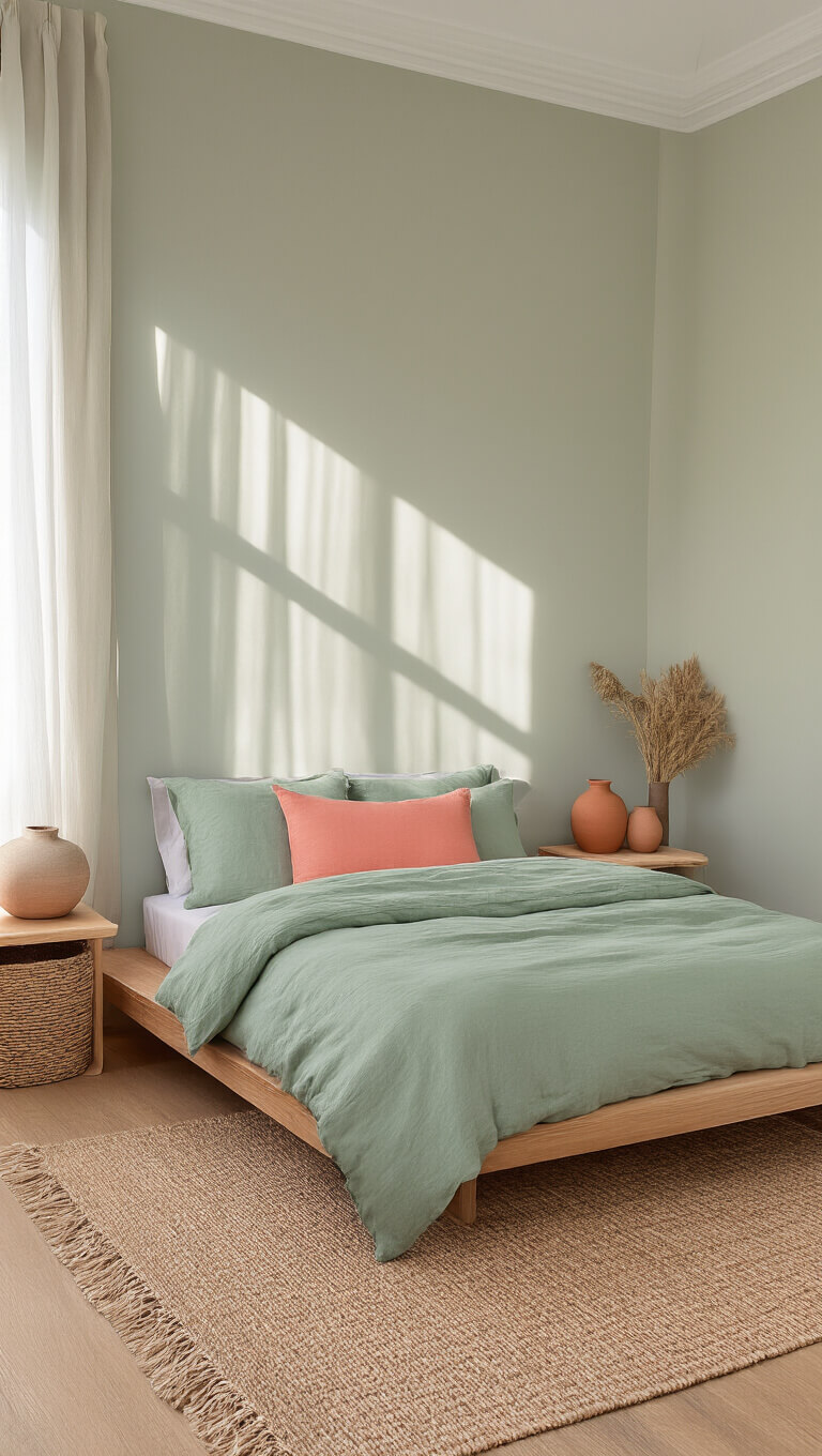 Minimalist 12x14ft bedroom with sage green linens, coral and periwinkle accents, platform bed centered between built-in nightstands, early morning light through sheer curtains casting soft shadows, and textural details like woven throws, ceramic vessels, and natural fiber rug.