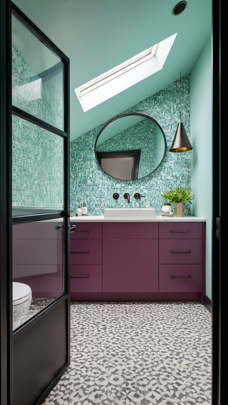 Urban bathroom with plum, chartreuse, and turquoise triadic color scheme, skylights highlighting custom tile, floating matte plum vanity under large round mirror, and mixed metallic accents.