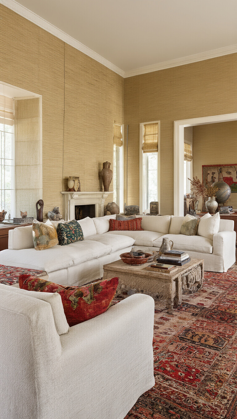Eclectic 20x15ft great room with cream linen sectional, vintage overdyed rug, warm neutral tones, jewel accents, grasscloth walls, and golden afternoon light.