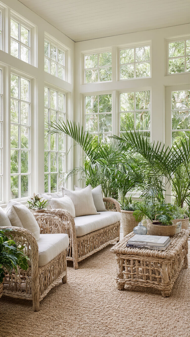 Coastal sunroom with natural linen slipcovered seating, potted palms, and wall of windows; textures of rope, sea glass, and driftwood enhance indoor-outdoor ambiance.