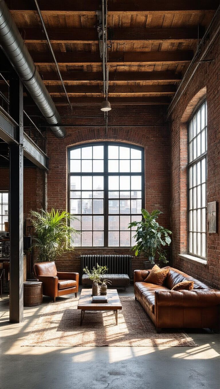 Industrial loft with exposed brick, steel beams, leather seating, and dramatic afternoon light through large factory windows.