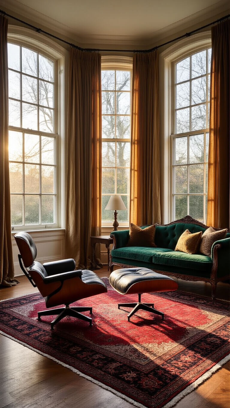 Moody living room with vintage Persian rug, emerald velvet Victorian settee, leather Eames chair, and golden hour light streaming through bay windows.
