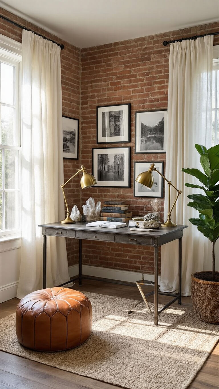 Wide-angle view of cozy 12x12ft home office with industrial metal desk against exposed brick wall, vintage decor, and morning light streaming through sheer curtains.