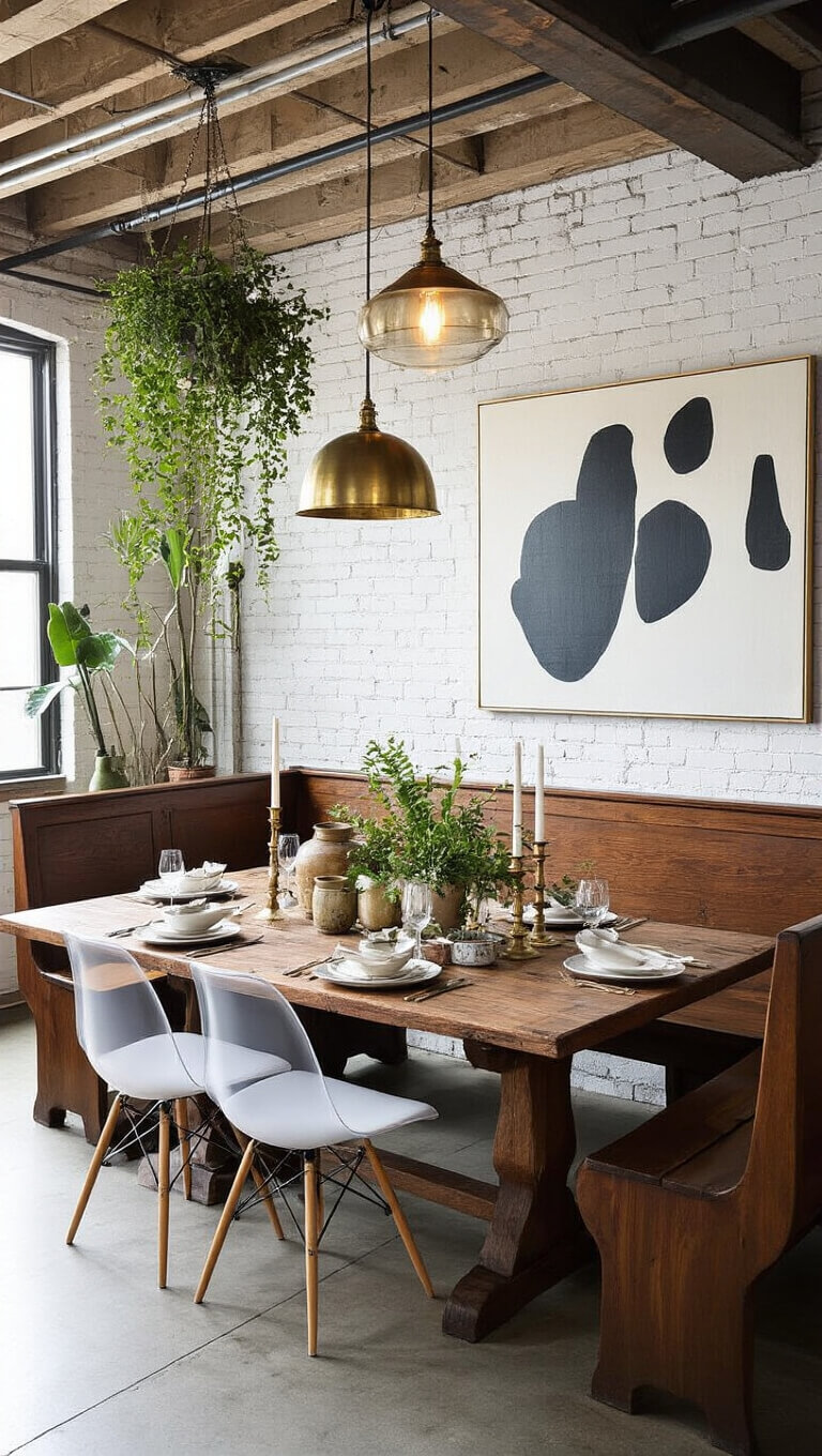 Eclectic loft dining area with 20ft ceilings, steel beams, pendant lights over farmhouse table, ghost chairs, church pews, styled with brass candlesticks, ceramics, plants, and abstract art on white brick wall.