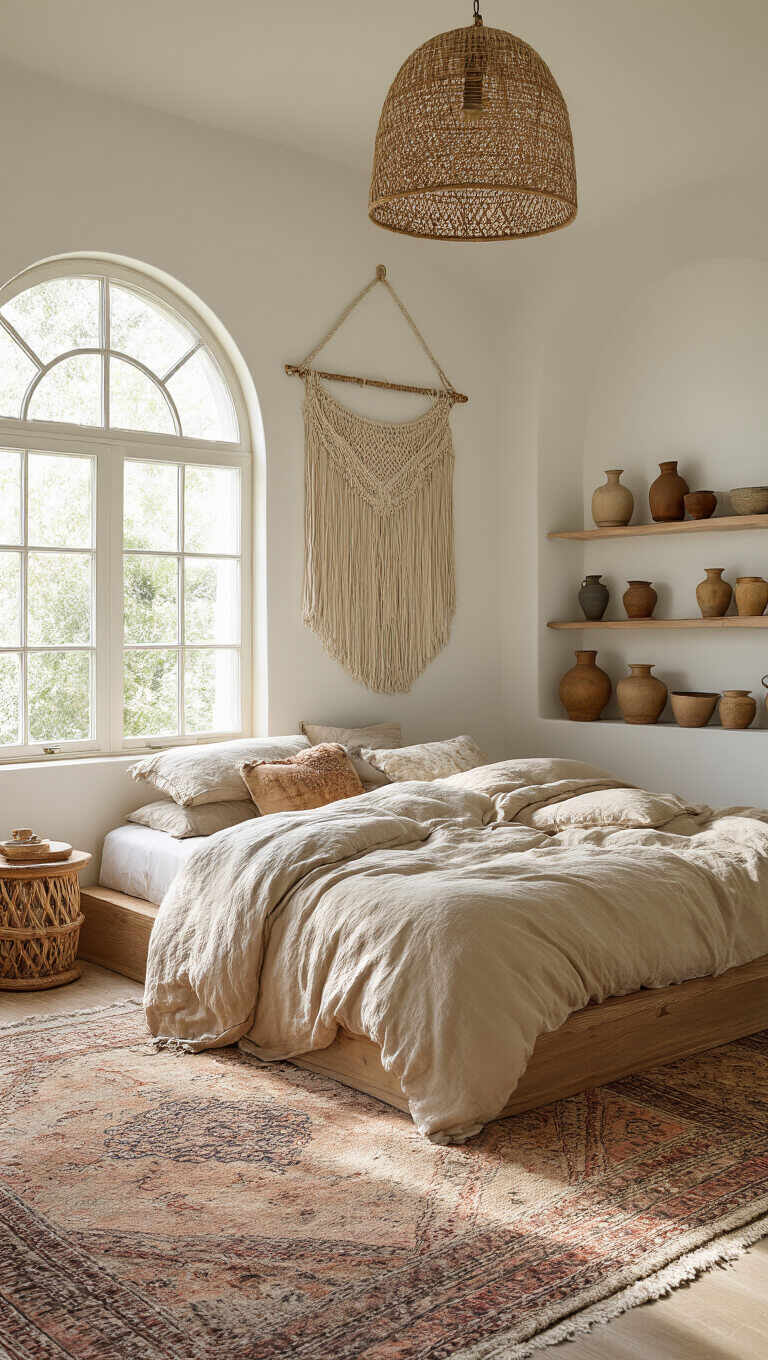 Cozy Bohemian bedroom with arched windows, sand-toned linen bedding, macramé wall hanging, vintage rugs, rattan pendant, floating shelves with ceramics, and brass mirror in soft morning light.