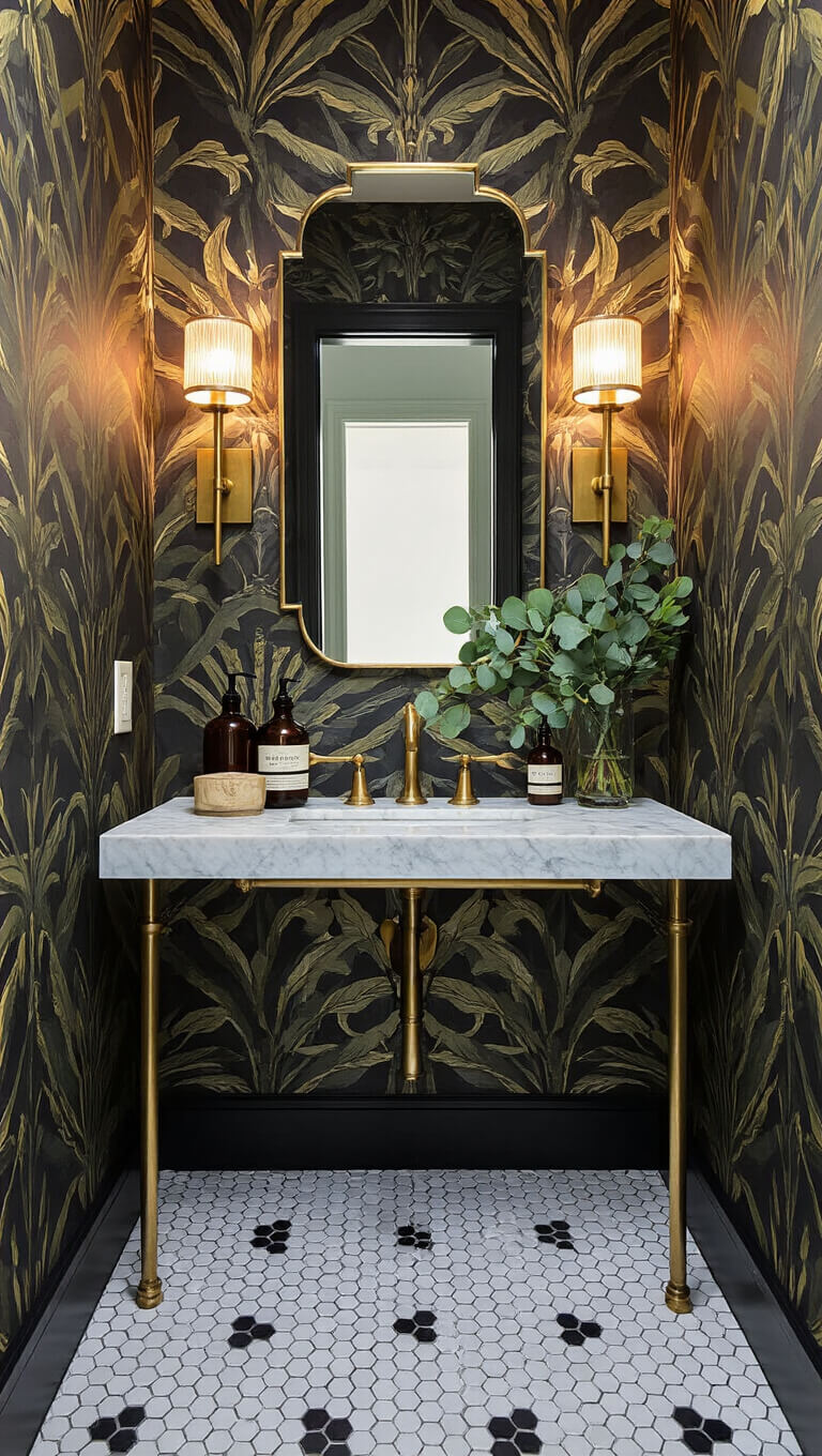 Luxurious 6x8ft powder room with dark botanical wallpaper, art deco mirror, brass sconces, marble floating vanity, vintage bottles, eucalyptus, geometric penny tile floor, and moody lighting.
